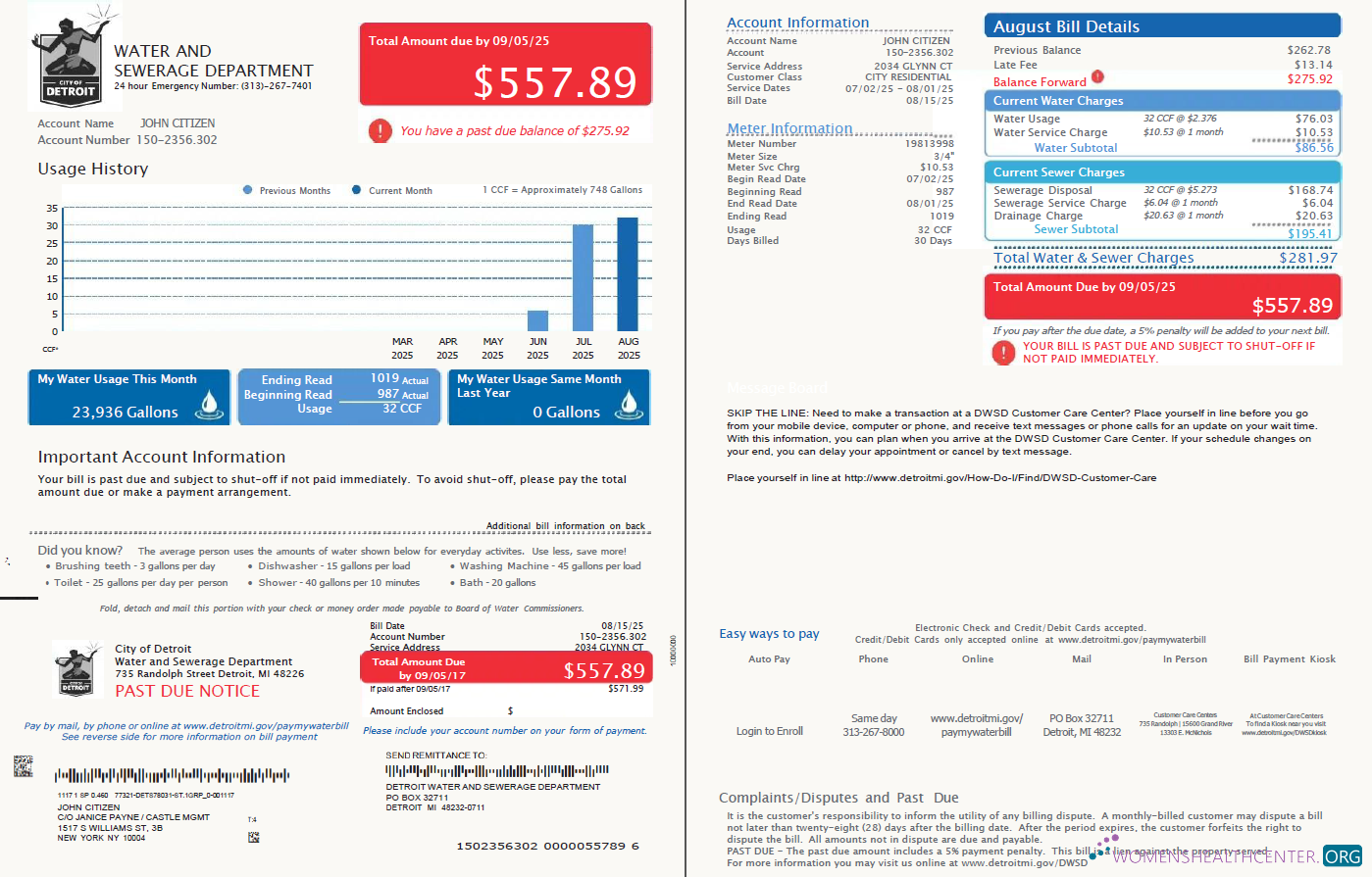 USA Detroit Water and Sewerage Department utility bill template in Word and PDF formats, 2 pages, version 3